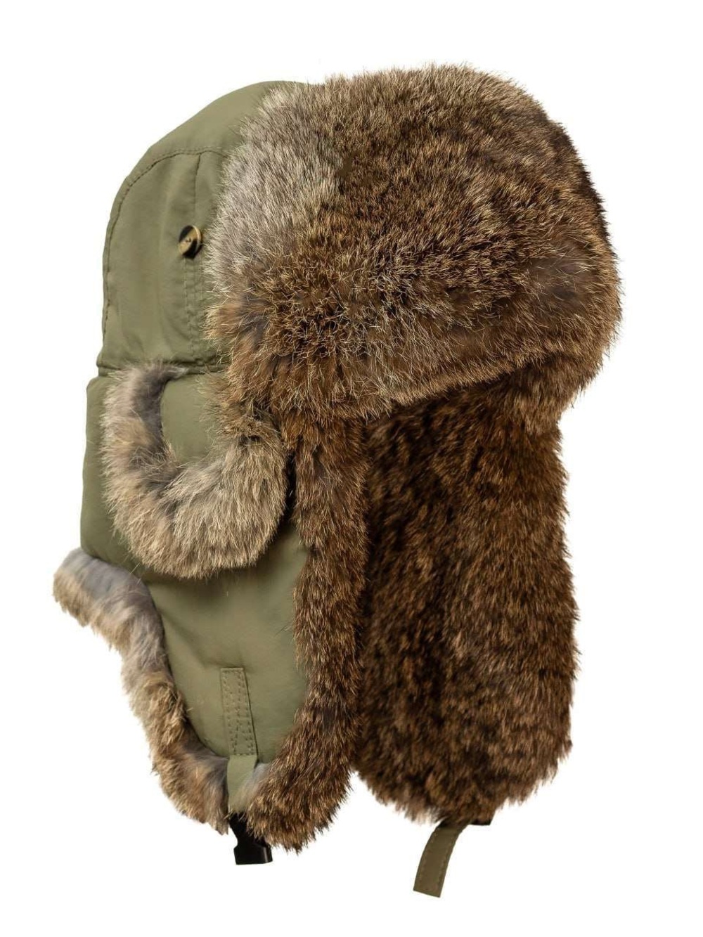 Olive Green Canvas Bomber Hat with Genuine Brown Rabbit Fur